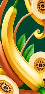 Artistic banana design with vibrant colors on a green background wallpaper.