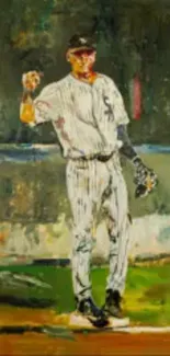 Artistic depiction of a baseball player in motion on a green background.