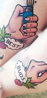 Vibrant 'Best Buds' tattoo design with hands, lighter, and joint.