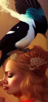 Illustrated bird perched on a woman's head in a vibrant art style.