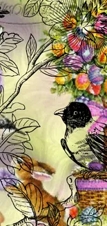 Artistic drawing of a bird with vibrant flowers on a beige background.