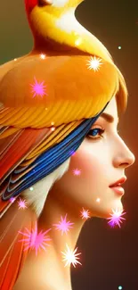 Artistic woman and bird fusion wallpaper with vibrant orange hues.