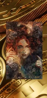 Surreal art with a female figure and golden cryptocurrency coins background.