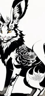 Black and white fantasy creature art with elegant floral patterns.