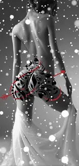 Black and white artistic wallpaper with elegant design and snow effect.