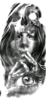 Black and white artistic wallpaper with surreal portrait.