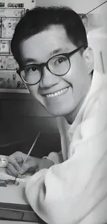 Black and white portrait of a smiling artist painting.