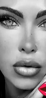 Black and white close-up of a stylized portrait with artistic detail.