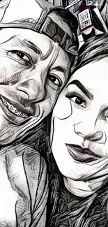 Black and white sketch of a couple in detailed artistic style.