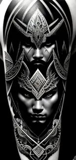 Intricate black and white tattoo design, tribal style art.