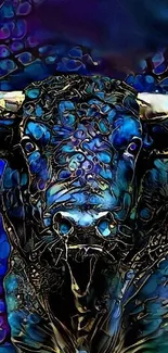 Artistic blue bull with abstract patterns in dark blue hues.