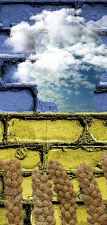 Brick wall with blue and yellow design featuring a cloud silhouette.