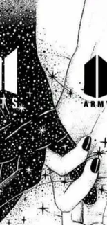 Illustrated black and white BTS ARMY hands wallpaper.