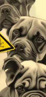 Artistic bulldogs with a yellow caution sign mobile wallpaper.