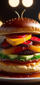 Artistic burger with layers of toppings in vibrant colors.