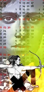 Artistic mobile wallpaper with calendar and vivid elements in yellow.