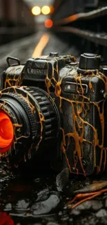 Artistic camera covered in colorful wax in urban setting.