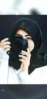 Illustration of a woman with camera in stylish black hijab.