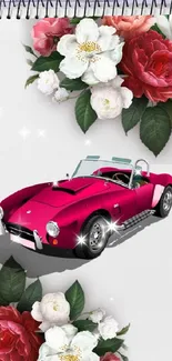 Pink vintage car with floral accents on a notebook.