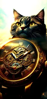 Fantasy wallpaper with cat and vintage clock.