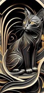 Artistic black and gold cat illustration design.