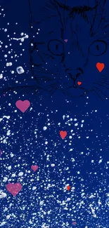 Illustrated cat in blue, with hearts and white dots.