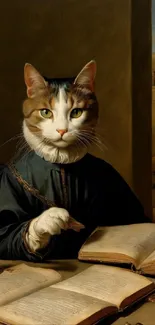 Cat in historical outfit reading a book, artistic mobile wallpaper.