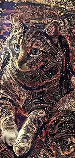 Intricate artistic cat design with vibrant colors on dark blue background.