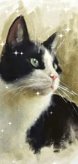 Artistic portrait of a black and white cat with green eyes on a beige background.