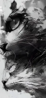 Black and white sketch of a cat's face with artistic clouds.