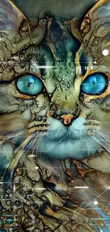 Abstract cat with striking blue eyes in artistic digital style.