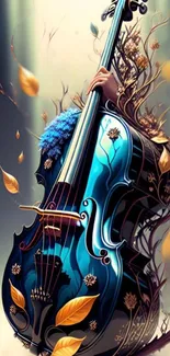 Blue cello intertwined with nature, creating a vibrant artistic wallpaper.