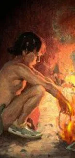 Child sitting by a warm fire creating an artistic and serene nighttime scene.