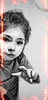 Artistic sketch of a child with vibrant orange effects.