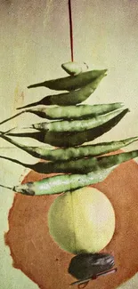 Artistic arrangement of green chillies with a lemon on mobile wallpaper.