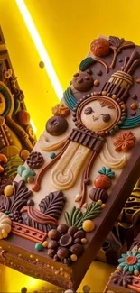 Intricately designed chocolate bars on a bright yellow background.