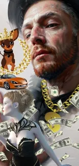 Collage wallpaper with man, dog, woman, car, and dollar bills.