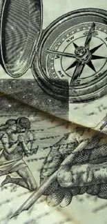 Artistic sketch wallpaper with vintage compass and human figures.