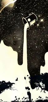 Surreal cosmic art wallpaper with starry sky and silhouettes.