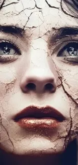 Mobile wallpaper with cracked artistic face design, surreal and creative.