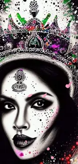 Crowned female portrait with vibrant colors and artistic details.