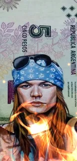 Artistic portrait on a currency-themed mobile wallpaper.