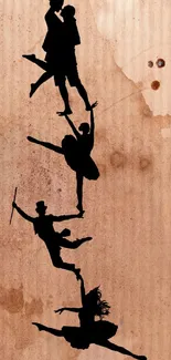 Silhouetted dancers on textured brown paper background.