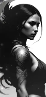 Monochrome wallpaper of a woman with black hair and tattoos.