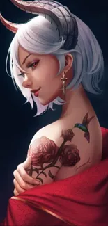 Artistic demon girl with white hair and rose tattoo on a mobile wallpaper design.