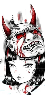 Artistic black and red demon mask sketch on mobile wallpaper.