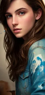 Artistic portrait of a girl in denim shirt with paint accents.