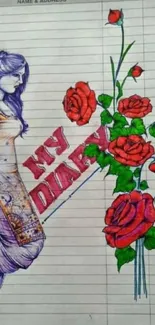 Artistic diary with red roses and a sketch of a girl on a lined page.