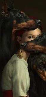 Surreal portrait of a woman embraced by three Doberman dogs.