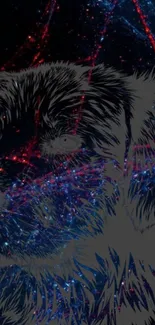 Abstract dog portrait with cosmic blue and red streaks on dark background.